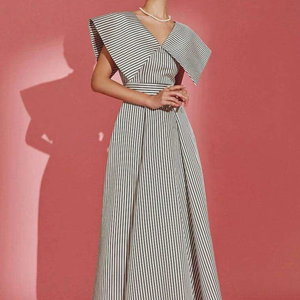 Striped High-Waisted Evening Dress with Oversized Collar for Women – 2024 Summer Collection 35Z657