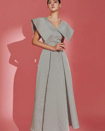 Striped High-Waisted Evening Dress with Oversized Collar for Women – 2024 Summer Collection 35Z657