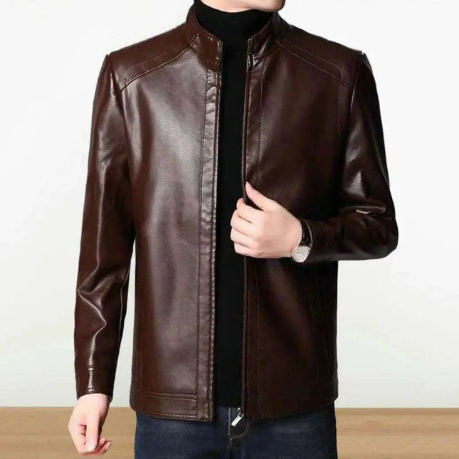 Men's Trendy Faux Leather Biker Jacket with Stand Collar