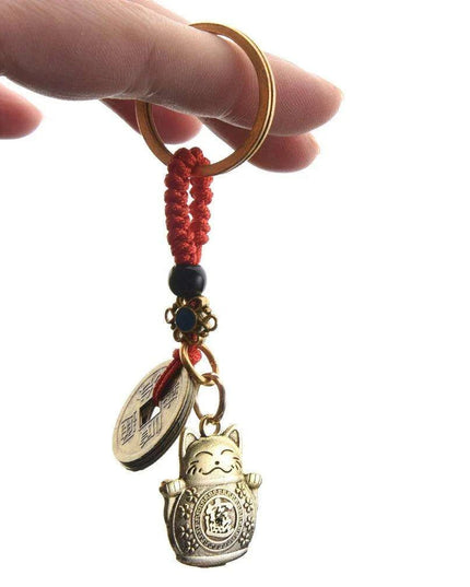 Fortune Cat Brass Keychain with Antique Coins - A Charm for Wealth and Abundance