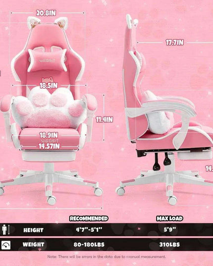 Adorable Pink Gaming Chair with Cat Ear Design and Adjustable Lumbar Support for Female Gamers