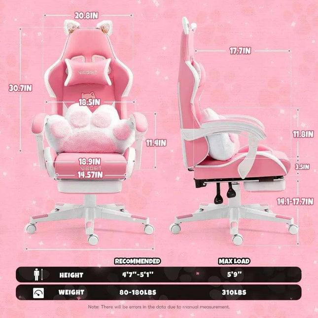 Adorable Pink Gaming Chair with Cat Ear Design and Adjustable Lumbar Support for Female Gamers