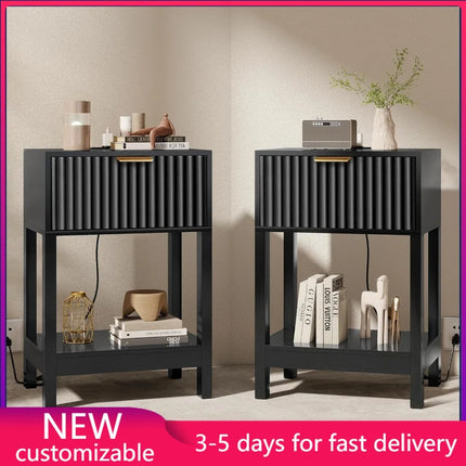 Nightstand Set 2, Fluted Bedside Table with Charging Station, Wood End Table with Drawer & Shelf, Black nightstand-set-2-fluted-bedside-table-with-charging-station-wood-end-table-with-drawer-shelf-black
