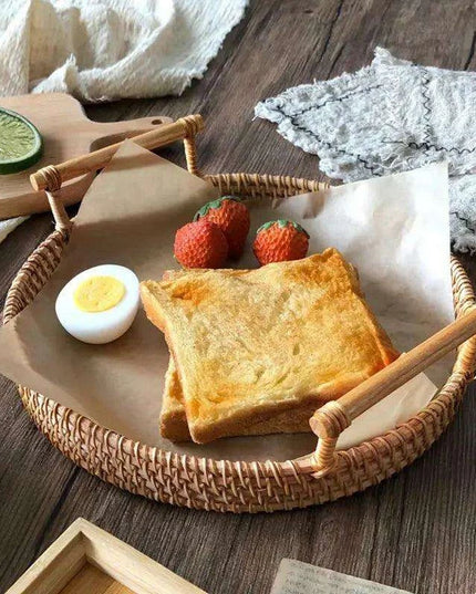 Elegant Handwoven Rattan Serving Tray with Wooden Handles for Stylish Hosting