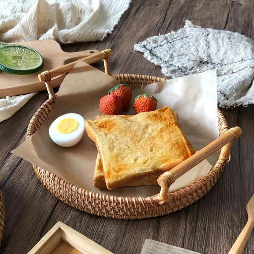 Handwoven Rattan Serving Tray with Wooden Handles