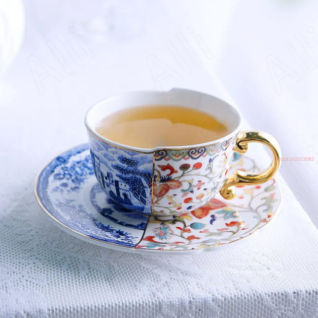 Retro Blue & White Rose Ceramic Mug — Gold Accent Irregular Design