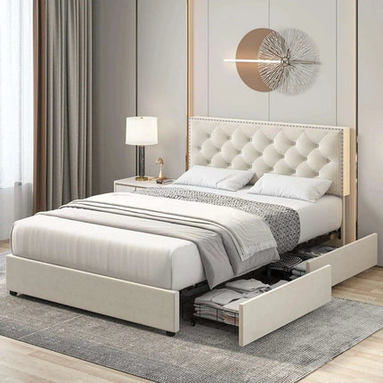 Elegant Queen Velvet Upholstered Bed Frame with Adjustable Headboard and Hidden Storage Drawers