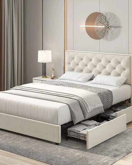 Elegant Queen Velvet Upholstered Bed Frame with Adjustable Headboard and Hidden Storage Drawers