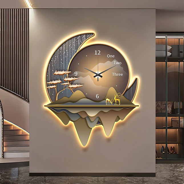 Light Luxury Silent Wall Clock & Lamp | Decorative Living Room Statement Piece