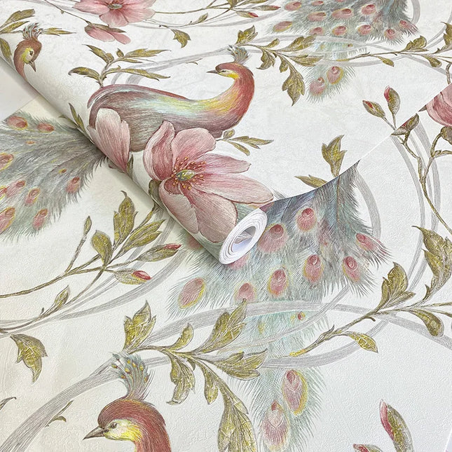Peacock Feather & Floral Birds Wallpaper — Southeast Asian Mural, 53cm × 9.2m | Très Élite