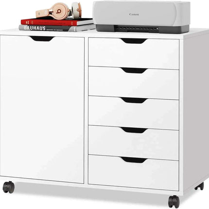 Mobile 5-Drawer Multifunctional Wooden Vanity with Mirror and Ample Workspace