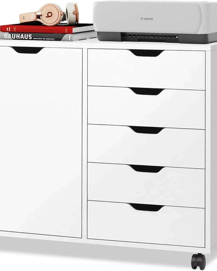 Mobile 5-Drawer Multifunctional Wooden Vanity with Mirror and Ample Workspace