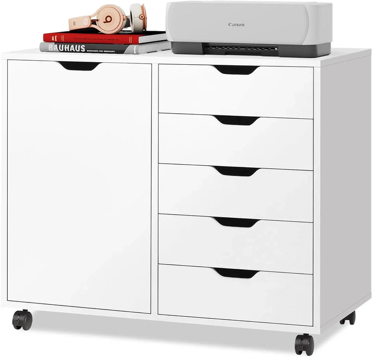 5-Drawer Rolling Wood Vanity Dresser with Door Mirrors and Ample Workspace