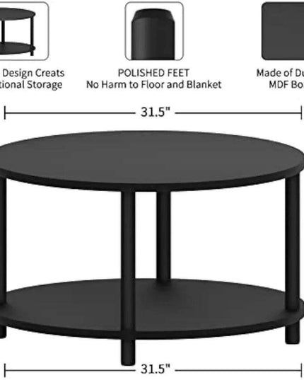 Sleek Round Black Wood Coffee Table with Multi-Level Storage - Durable Metal Legs for Home and Office