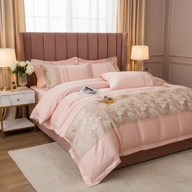 Luxury Embroidered Cotton Bedding Set — 4-Piece Quilt Cover & Sheets