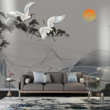 Plum Blossom & Crane Mural Wallpaper — Custom Size, 5 Finishes, Asian Art Style