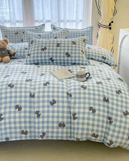 Korean Style Blue Plaid Duvet Cover Set for Kids