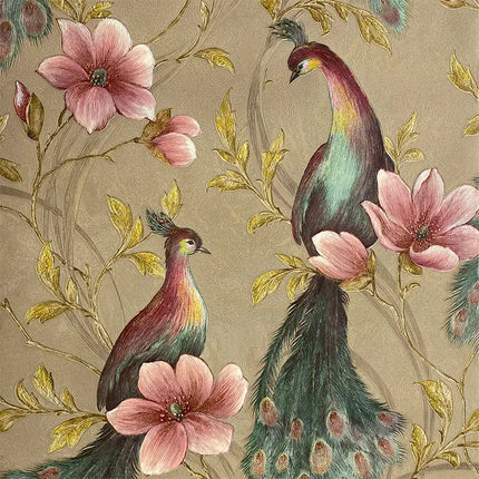 Peacock Feather & Floral Birds Wallpaper — Southeast Asian Mural, 53cm × 9.2m | Très Élite