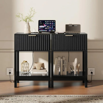 Nightstand Set 2, Fluted Bedside Table with Charging Station, Wood End Table with Drawer & Shelf, Black nightstand-set-2-fluted-bedside-table-with-charging-station-wood-end-table-with-drawer-shelf-black