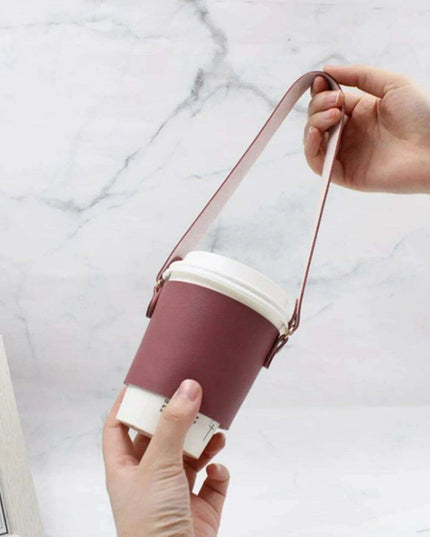 Leather Cup Holder with Strap - Stylish Drink Sleeve for Hot and Cold Drinks