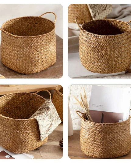 Rustic Seagrass Desktop Organizer and Storage Basket for Home Decor