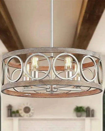 Rustic Farmhouse Circular Chandelier with Wood Grain Finish for Elegant Home and Restaurant Lighting
