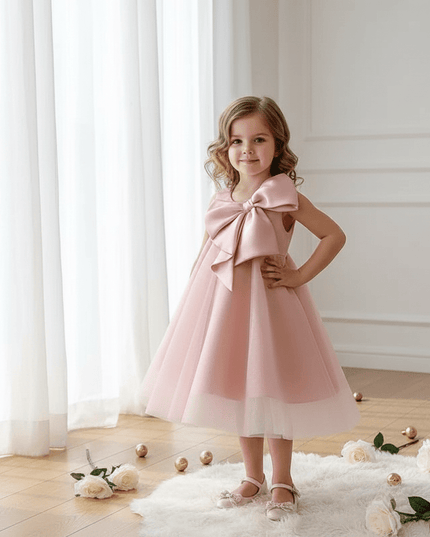 Korean-Inspired Elegant Big Bow Dress for Baby Girl's First Birthday Celebration 2023