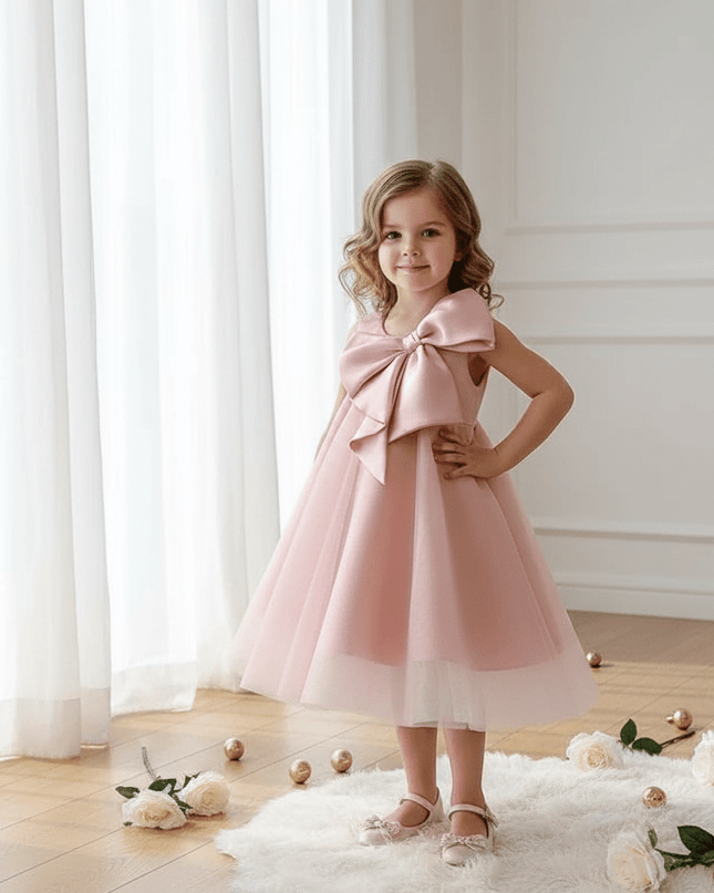 Korean-Inspired Elegant Big Bow Dress for Baby Girl's First Birthday Celebration 2023