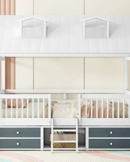 Enchanting Wooden Playhouse Bed with Skylights and Ample Storage