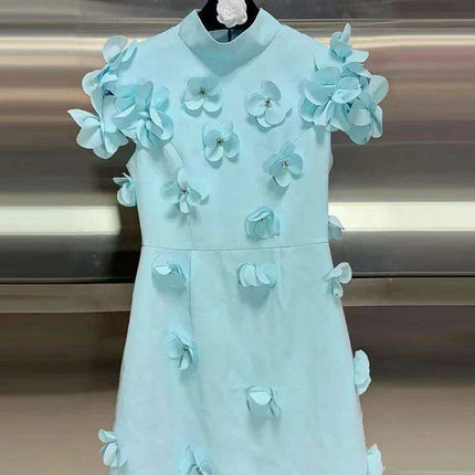 Sophisticated High Waist Appliqued Dress with Elegant Stand Collar and Short Sleeves for Women