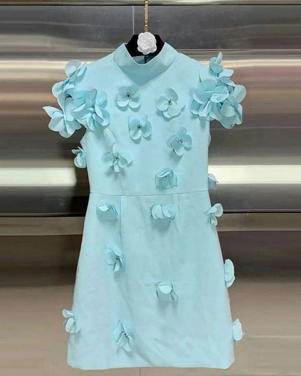 Sophisticated High Waist Appliqued Dress with Elegant Stand Collar and Short Sleeves for Women