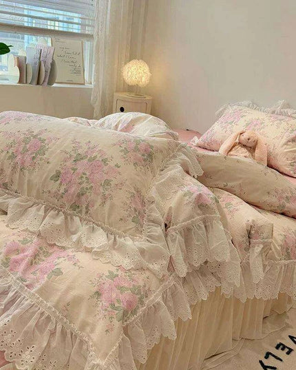 Elegant Floral Lace Ruffled Cotton Bedding Collection with Duvet Cover, Bed Skirt, Fitted Sheet, and Pillowcases
