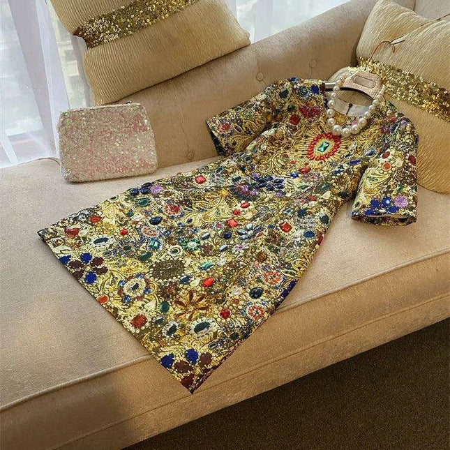 Elegant Vintage-Inspired Rhinestone Embellished Above Knee Dress