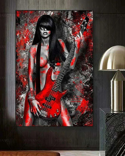 Elegant Crimson Muse: Contemporary Abstract Lady Canvas Art