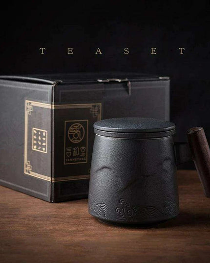 Elegant Vintage Ceramic Tea Mug Collection with Wooden Handle and Infuser Tray