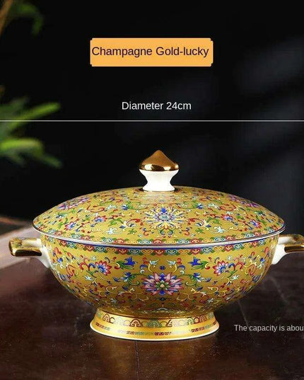 Authentic Elegant Under-glazed Ceramic Soup Pot with Lid and Spoon - Large Round Design with Gold Accents for Chinese Dining and Decor