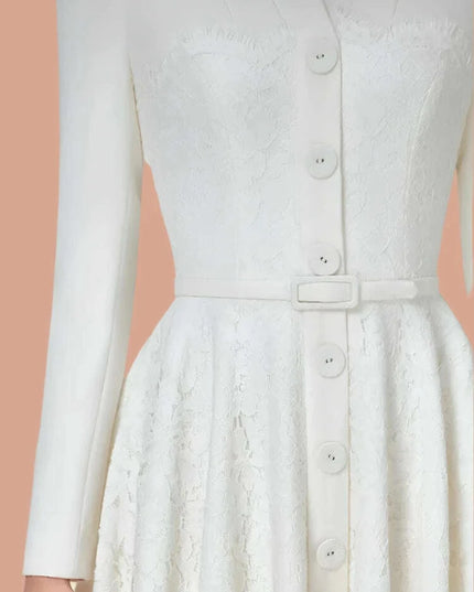 Elegant V-Neck Lace Pleated Belted Evening Gown - Autumn Edition