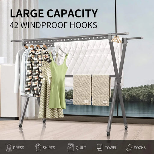 Aluminum Folding Clothes Drying Rack with Adjustable Rods and Windproof Hooks