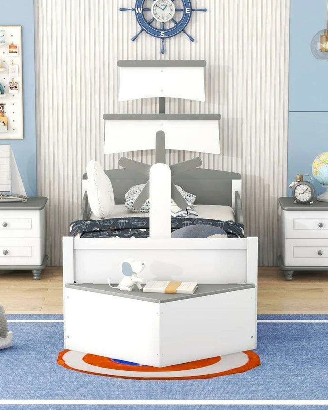 Race Car-Inspired Twin Bedroom Set with Trundle Bed and Nightstands - White/Gray Pine Wood Furniture