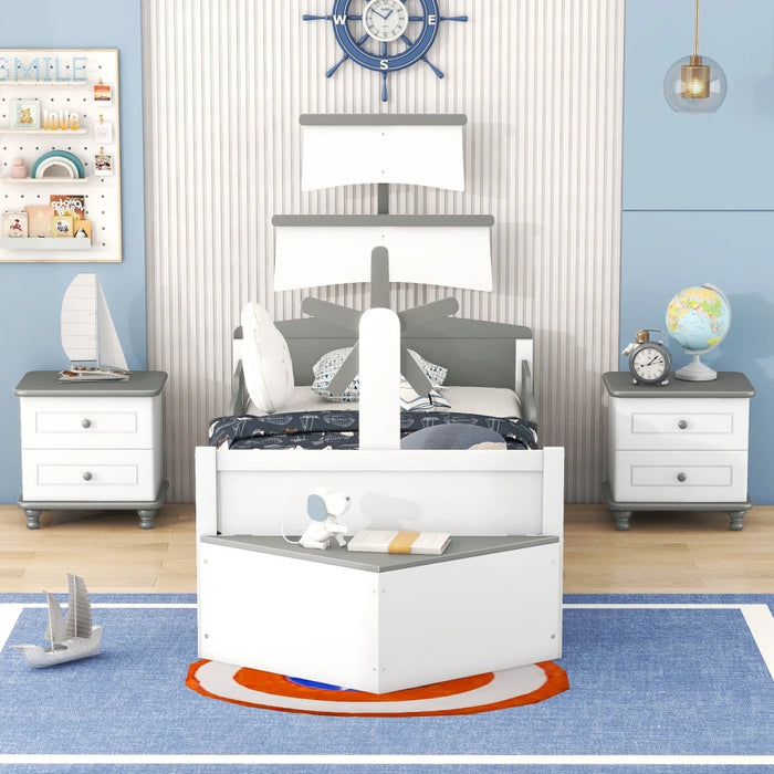 Race Car Design Boat-Shaped Twin Size Bedroom Set with Trundle Bed and Nightstands, White and Gray