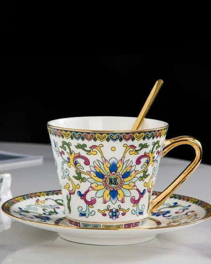 Imperial Elegance Enamel Porcelain Tea and Coffee Cup Set with Ornate Borders