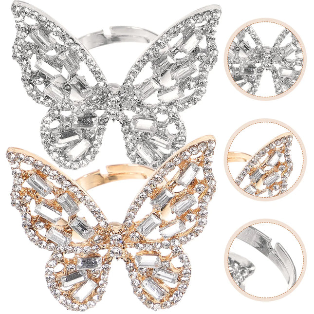 Rhinestone Butterfly Ring Set — 2 Pieces, Alloy & Crystal, Women's