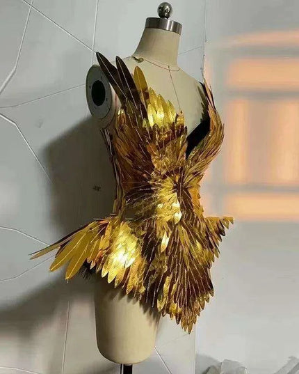 Radiant Gold Leaf Patent Leather Dance Bodysuit Set for Nightlife Glamour