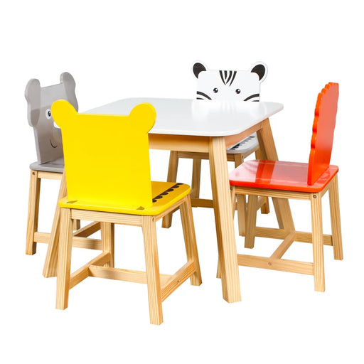 5 Piece Kiddy Table and Chair Set , Kids Wood Table with 4 Chairs Set Cartoon Animals（2-7 years old）