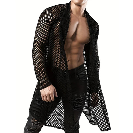 Men's Hollow Out Long Cardigan Shirt — Streetwear Grid Design