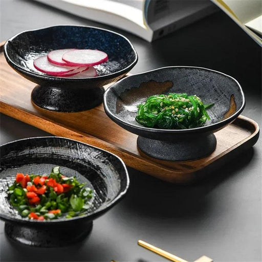 Elevated Japanese Ceramic Snack Plate Set with High-Footed Saucer