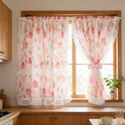 Fruit Print Kitchen Curtains - Sheer Lace Rod Pocket, Set of 2