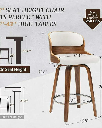 Elegant Mid-Century Walnut Swivel Counter Stools with Faux Leather Seat - 26 Inch Height