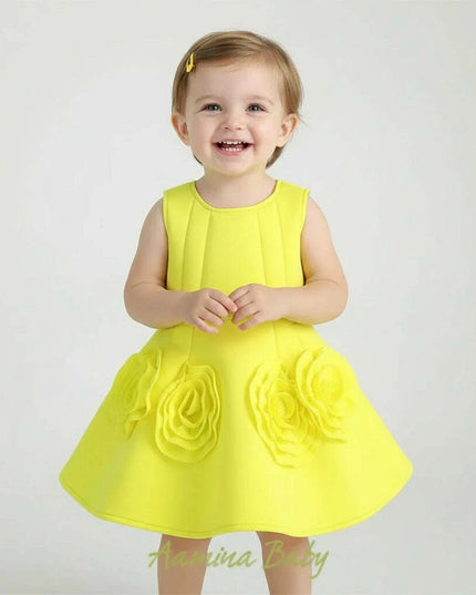 Sunny Yellow Floral Children's One-Piece Dress - Ideal for Weddings and Celebrations