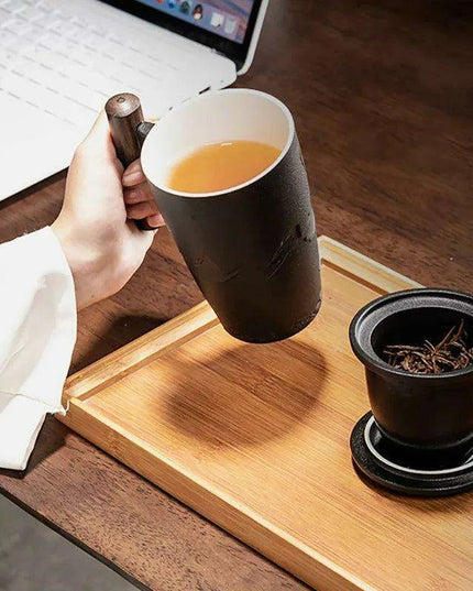 Chic Retro Ceramic Tea Mug with Wooden Lid and Handle - Perfect for Gifting at Home or Office